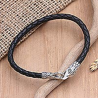 Leather and sterling silver band bracelet, 'Eagle's Tail' - Eagle Head Leather and Sterling Silver Band Bracelet