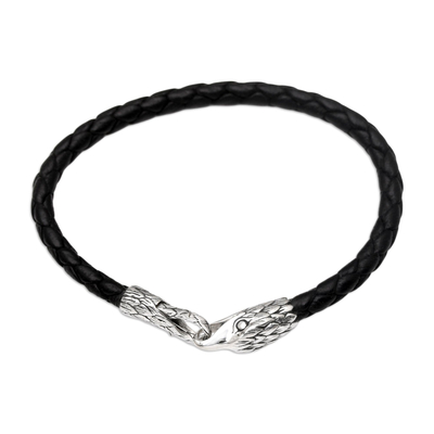 Leather and sterling silver band bracelet, 'Eagle's Tail' - Eagle Head Leather and Sterling Silver Band Bracelet