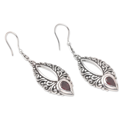 Garnet dangle earrings, 'Lucky Crimson' - Balinese Garnet and Sterling Silver Dangle Earrings