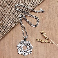 Sterling silver pendant necklace, 'Medal of Honor' - Sterling Silver Pendant Necklace with Leaf Motif