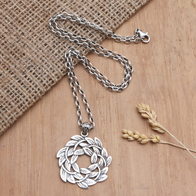 Sterling silver pendant necklace, 'Medal of Honor' - Sterling Silver Pendant Necklace with Leaf Motif
