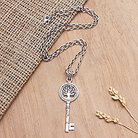 Sterling silver pendant necklace, 'Key to Life' - Sterling Silver Pendant Necklace with Key Motif