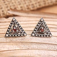 Garnet stud earrings, 'A-cute Style' - Triangular Garnet Stud Earrings