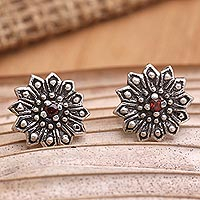 Garnet button earrings, 'Radiant Chrysanthemum' - Garnet and Sterling Silver Flower Earrings