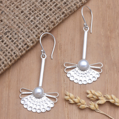 Cultured pearl dangle earrings, 'Gleaming Eyes' - Sterling Silver and Cultured Pearl Dangle Earrings