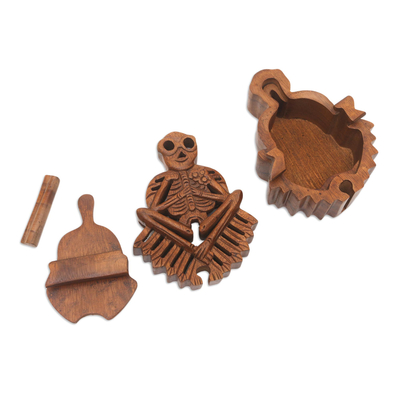 Wood puzzle box, 'Bare Bones' - Handmade Suar Wood Puzzle Box with Skeleton Motif