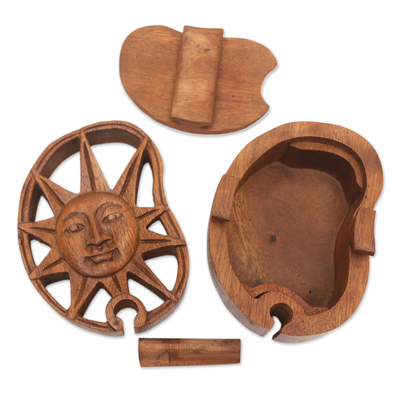 Wood puzzle box, 'Sun's Treasure' - Hand Made Suar Wood Puzzle Box with Sun Motif