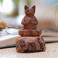 Wood sculpture, 'Morning Meditation' - Unique Meditating Cat Sculpture
