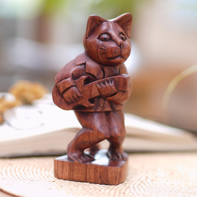 Holzskulptur, 'Katzenrille' - Handgefertigte musikalische Katzenskulptur