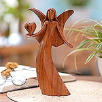 Handmade Suar Wood Statuette with Angel Motif, 'Comforting Angel'