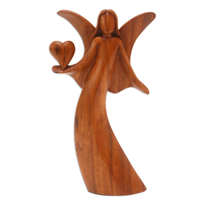 Wood statuette, 'Comforting Angel' - Handmade Suar Wood Statuette with Angel Motif