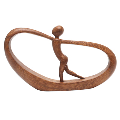 Wood statuette, 'Spirit Away' - Hand Carved Suar Wood Statuette