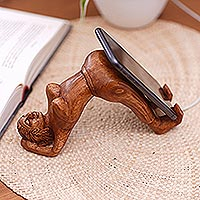 Wood phone holder, 'Morning Strength' - Hand Carved Phone Stand