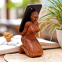 Wood phone stand, 'Old Granny' - Artisan Crafted Phone Stand