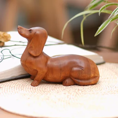 Wood sculpture, 'Attentive Friend' - Handcrafted Dachshund Sculpture