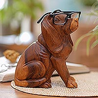 Wood eyeglasses holder, 'Faithful Canine' - Signed Dog Motif Eyeglass Holder
