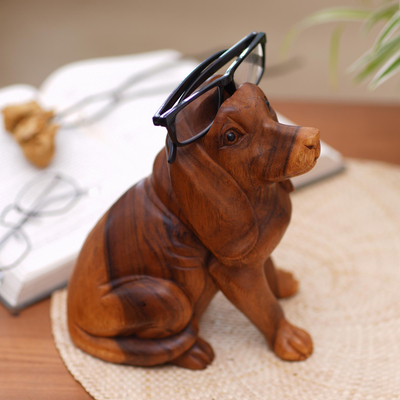 Wood eyeglasses holder, 'Faithful Canine' - Signed Dog Motif Eyeglass Holder