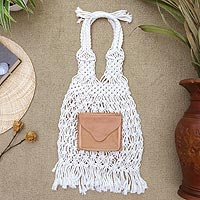 Leather-accented cotton handle handbag, 'Travel Alone' - Leather-Accented Cotton Bag from Bali