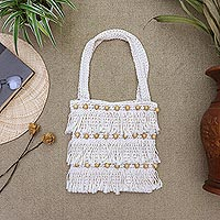 Cotton handle handbag, 'Twilight Companion' - Hand-Beaded Cotton Handle Handbag