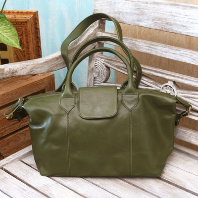 Leather bowling bag, 'Style Section in Green' - Green Leather Bowling Bag with Adjustable Strap