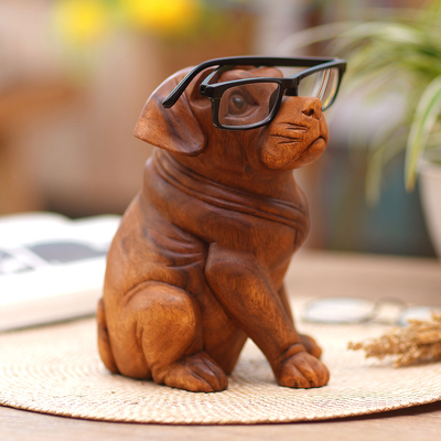 Brillenhalter aus Holz - Handgefertigte balinesische Hundestatuette aus Suar-Holz