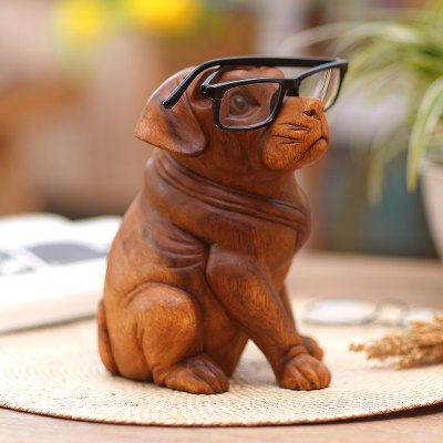 Wood eyeglass holder, 'Puppy-Dog Eyes' - Handcrafted Balinese Suar Wood Dog Statuette