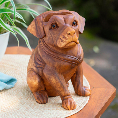 Wood eyeglass holder, 'Puppy-Dog Eyes' - Handcrafted Balinese Suar Wood Dog Statuette