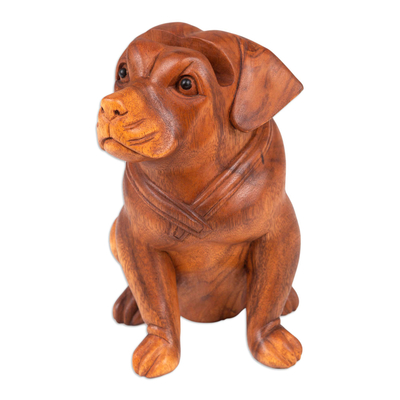 Wood eyeglass holder, 'Puppy-Dog Eyes' - Handcrafted Balinese Suar Wood Dog Statuette