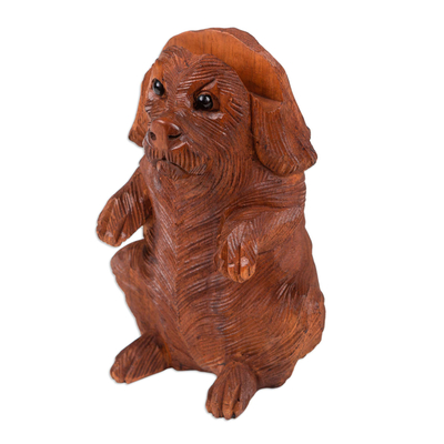 Wood eyeglass holder, 'Beg to Differ' - Hand Carved Suar Wood Dog Statuette