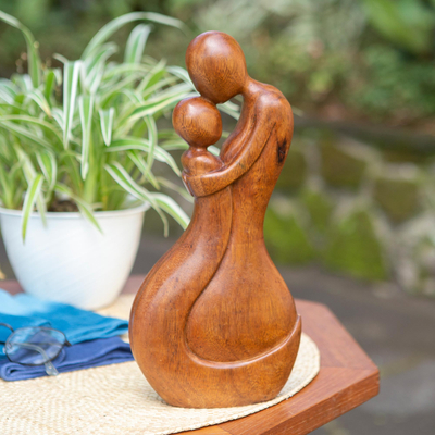 Wood statuette, 'My Heroine' - Mother and Child Suar Wood Statuette