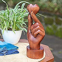 Wood statuette, 'One for Eternity' - Hand Made Suar Wood Statuette with Heart Motif
