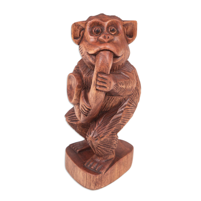 Hand Carved Suar Wood Monkey Statuette