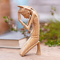 Wood sculpture, 'Woman Praying' - Artisan Hand Carved Wood Sculpture