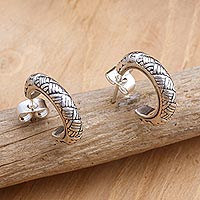 Sterling silver half-hoop earrings, 'Bali Basket' - Handmade Sterling Half-Hoop Earrings