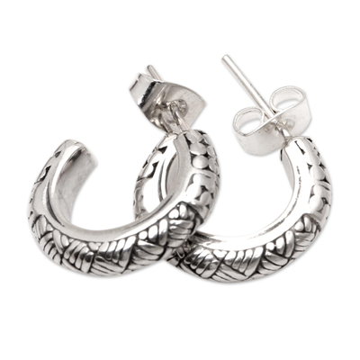 Sterling silver half-hoop earrings, 'Bali Basket' - Handmade Sterling Half-Hoop Earrings