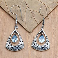 Blue topaz dangle earrings, 'Ocean Breeze' - Balinese Style Blue Topaz Earrings