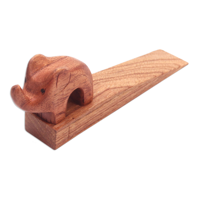 Wood doorstop, 'Cute Elephant' - Hand-Carved Wood Doorstop