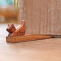 Wood doorstop, 'Ready to Pounce' - Artisan Crafted Cat Doorstop