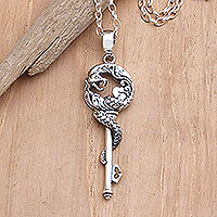 Men's sterling silver pendant necklace, 'Dragon's Key' - Men's Sterling Silver Pendant Necklace with Dragon Motif