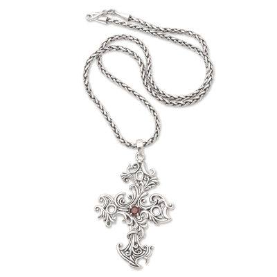 Garnet pendant necklace, 'Crimson Foliage' - Hand Made Garnet and Sterling Silver Pendant Necklace