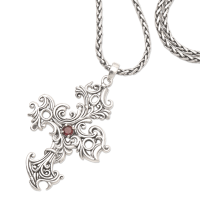 Garnet pendant necklace, 'Crimson Foliage' - Hand Made Garnet and Sterling Silver Pendant Necklace