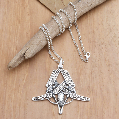 Men's sterling silver pendant necklace, 'Double Dragonfly' - Artisan Crafted Men's Sterling Silver Pendant Necklace