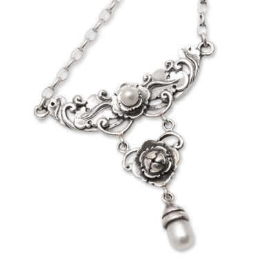 Cultured pearl pendant necklace, 'Rose from Heaven' - Cultured Pearl and Sterling Silver Pendant Necklace
