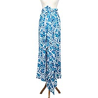 Batik rayon sarong, 'Azure Garden' - Batik Rayon Sarong with Azure Floral Motif