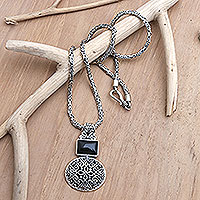 Onyx pendant necklace, 'Dark Medallion' - Artisan Crafted Onyx Pendant Necklace