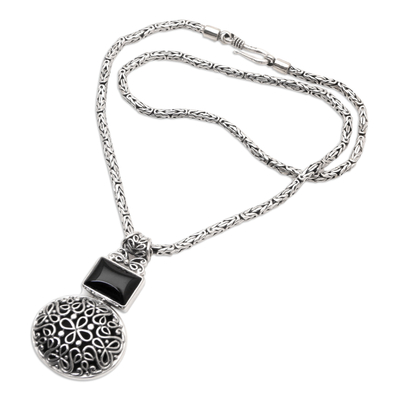 Onyx pendant necklace, 'Dark Medallion' - Artisan Crafted Onyx Pendant Necklace