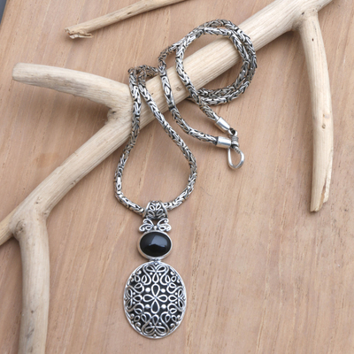 Onyx pendant necklace, 'Dark Shield' - Balinese Sterling Necklace with Onyx