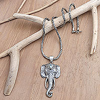 Man's blue topaz pendant necklace, 'Serene Strength' - Men's Necklace with Blue Topaz and Elephant Pendant