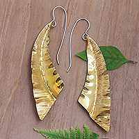 Brass dangle earrings, 'Soul Sister' - Balinese Brass Dangle Earrings with Leaf Motif