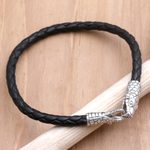 Men's leather and sterling silver cord bracelet, 'Magic Snake' - Men's Black Leather and Sterling Silver Bracelet